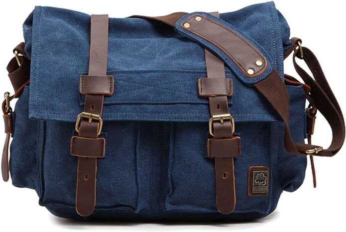 Sechunk Vintage Military Leather Canvas Laptop Bag Messenger Bags Medium by Sechunk