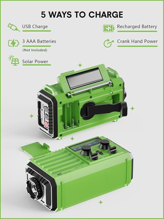 Raynic Weather Radio, 5000mAh/18500mWh Solar Hand Crank Emergency Radio - Image 4