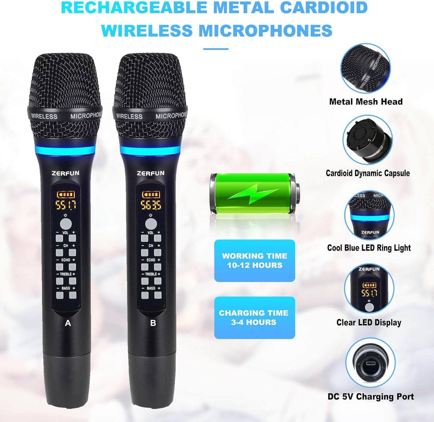 Pro Rechargeable Wireless Microphone System 4 Channel, UHF Metal Handheld Wireless Microphones Cordless Mics with Echo Treble BASS VOL Channel Control for Karaoke Singing Church(GT-200)