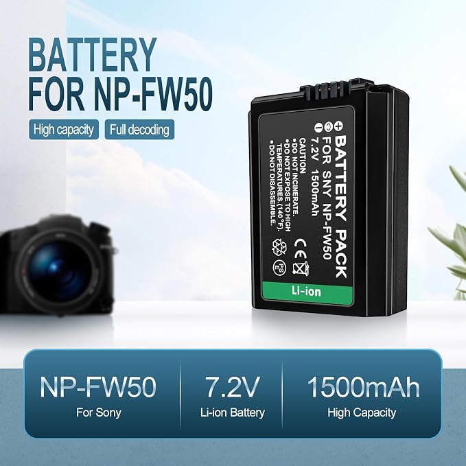 NP-FW50 7.2V 1500 mAh 2-Pack Rechargeable Lithium Ion Battery Pack Compatible - Image 2