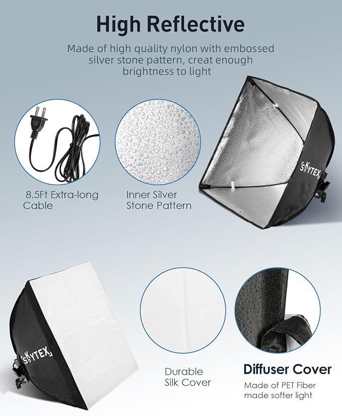 Skytex Softbox Lighting Kit 16x16in Soft Box 2Pack Upgrade 135W 2700-6400K - Image 7