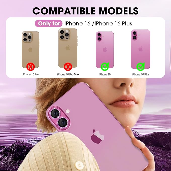 for iPhone 16/16 Plus Camera Lens Protector Bling Individual Metal Glitter Ring - Image 2