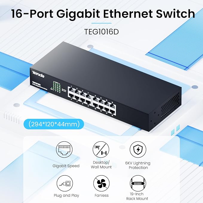 Tenda TEG1016D, 16-Port Gigabit Switch, Unmanaged Desktop Network Hub, Office - Image 2