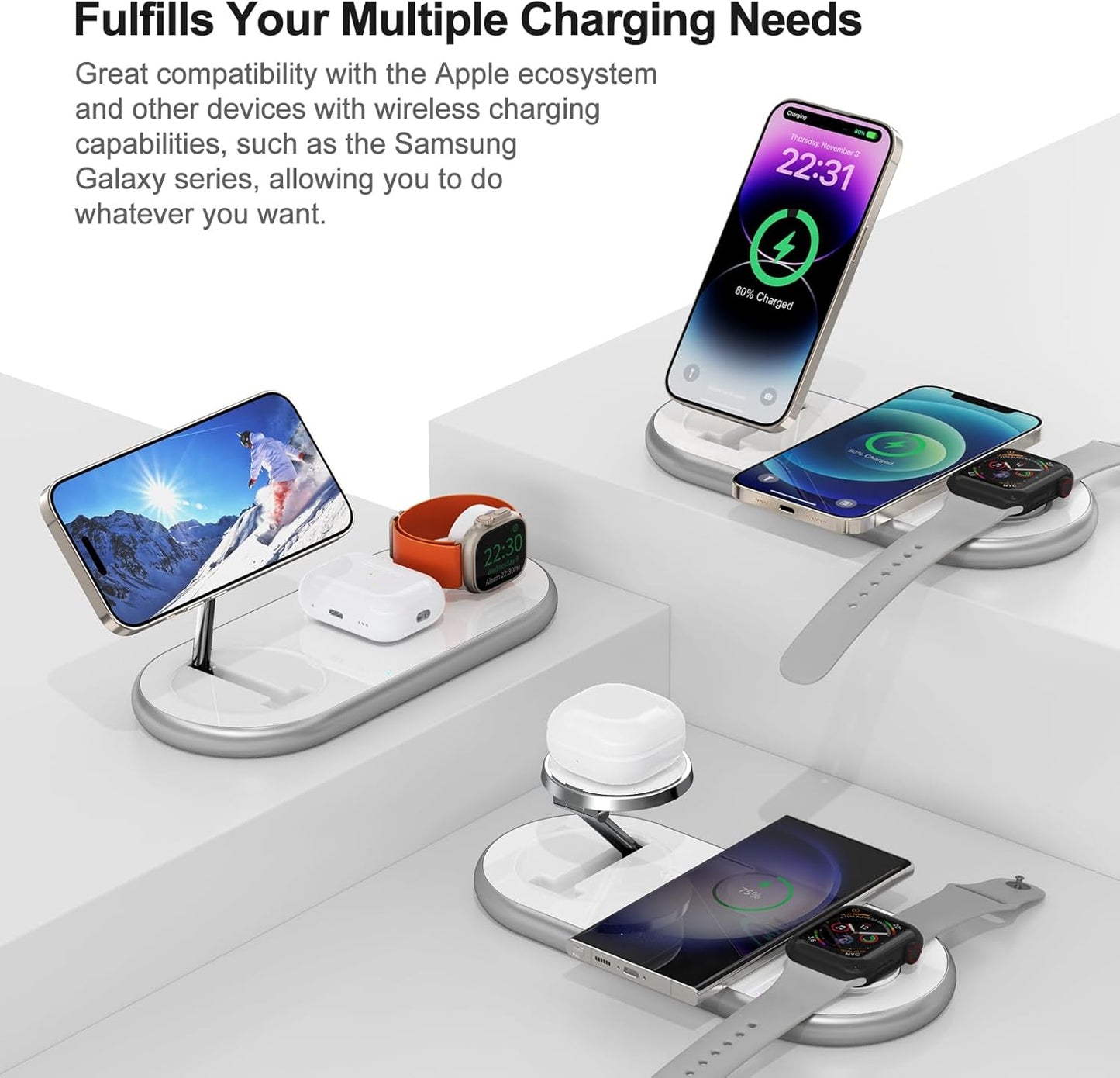3 in 1 Charging Station for Apple - Faster Mag-Safe Charger Stand for iPhone - Magnetic Wireless Charger Station for iPhone 16/15/14/13/12 Series, Apple Watch Series, AirPods Pro (White)