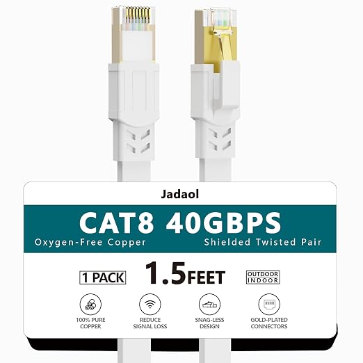 Jadaol Cat 8 Ethernet Cable 1.5ft, 40Gbps 2000MHz Flat RJ45 S/FTP LAN Patch by Jadaol