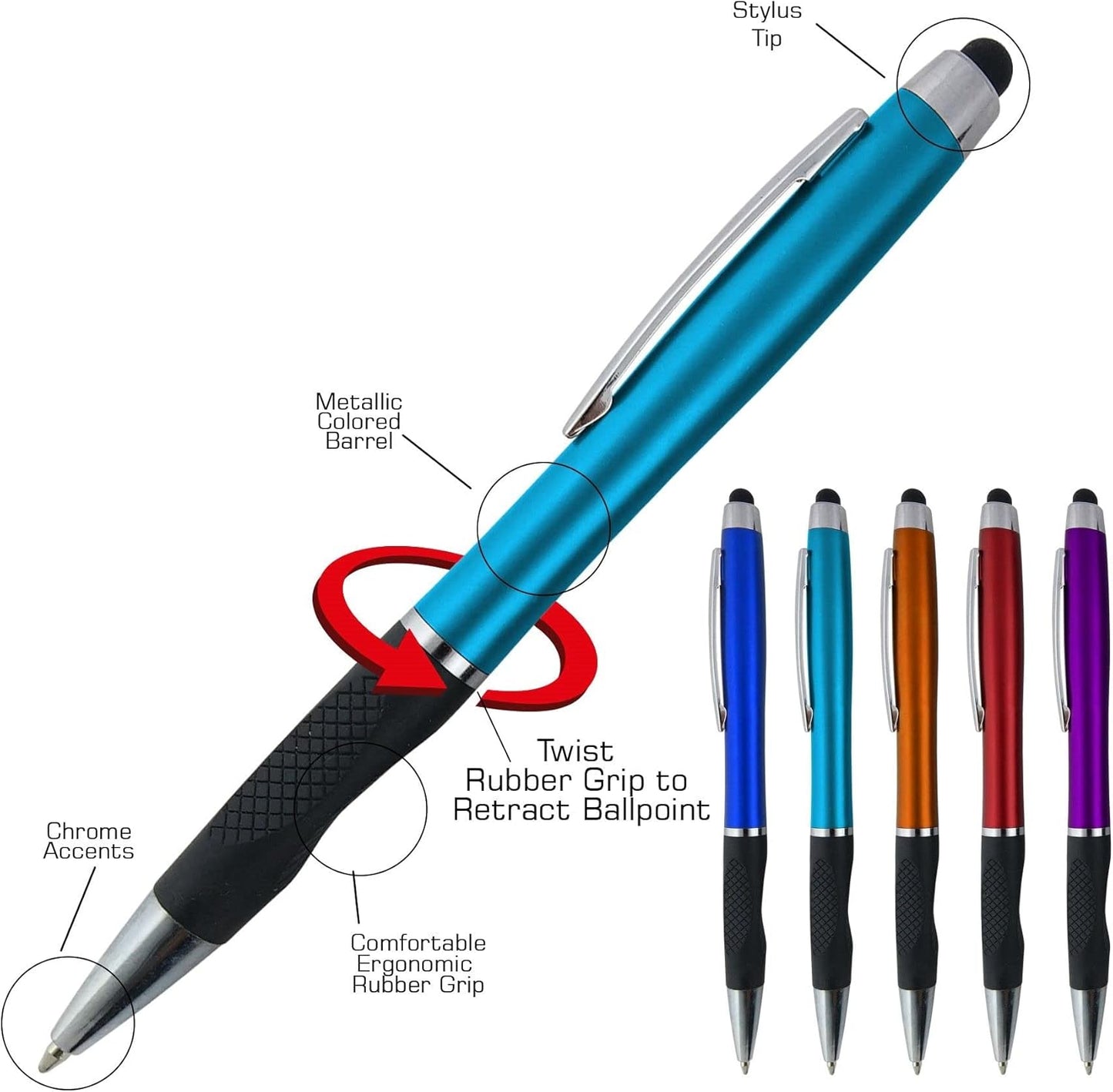 Personalized Pens With your Custom Logo or Text-300 Pack Bulk-for Businesses, Parties, and Events, 2 in 1 Ballpoint Pen + Capacitive Stylus for Touchscreen Devices, Light Assorted Barrels, Blue Ink