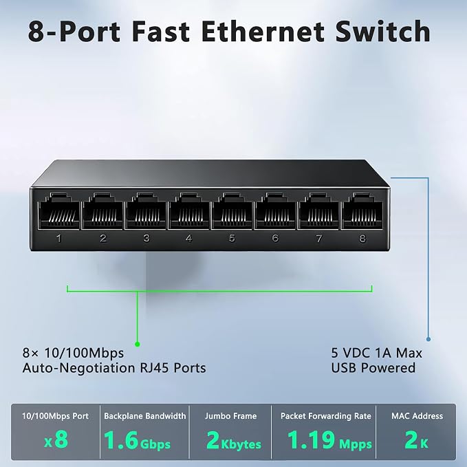 8 Port 100Mbps Fast Ethernet Switch USB 5V Powered Network Hub Plug and Play - Image 4