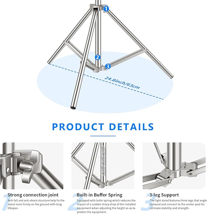 NEEWER 79"/2m Stainless Steel Light Stand, Spring Cushioned Heavy Duty - Image 6