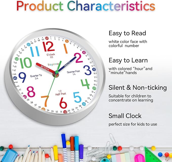 Roymnie 14 Inch Wall Clock for Kids Learning to Tell Time, Modern Silent - Image 6