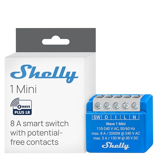Shelly Wave 1 Mini US LR, Z-Wave Long Range Smart Switch Relay, 1-Channel 8 A by Shelly