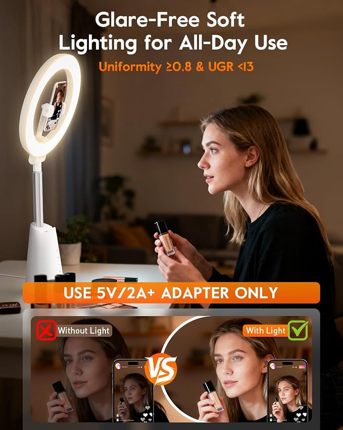 Ring Light for Makeup and Video Recording, Touch Control, Dimmable LED Selfie - Image 2