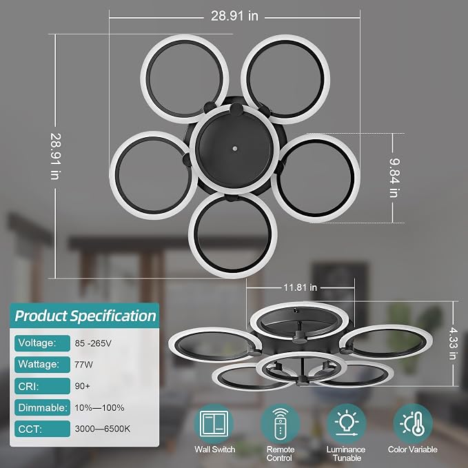 LED Ceiling Light, 6-Ring Modern Flush Mount Fixture, 77W Dimmable 3000K–6500K - Image 3
