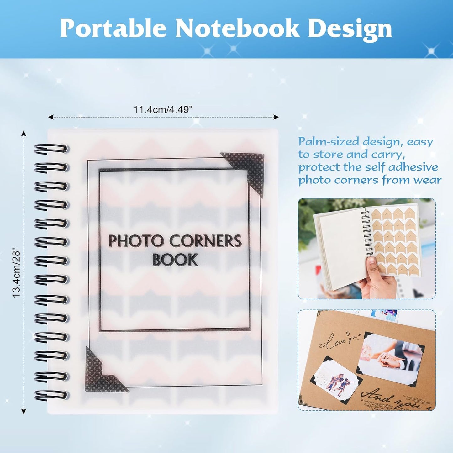 GOONAVI 15 Sheets 360 PCS Golden Black Acid-Free Photo Corners Notebook, Self-Adhesive Corners for DIY Album Journal, Corner Stickers for Trip Memory Book