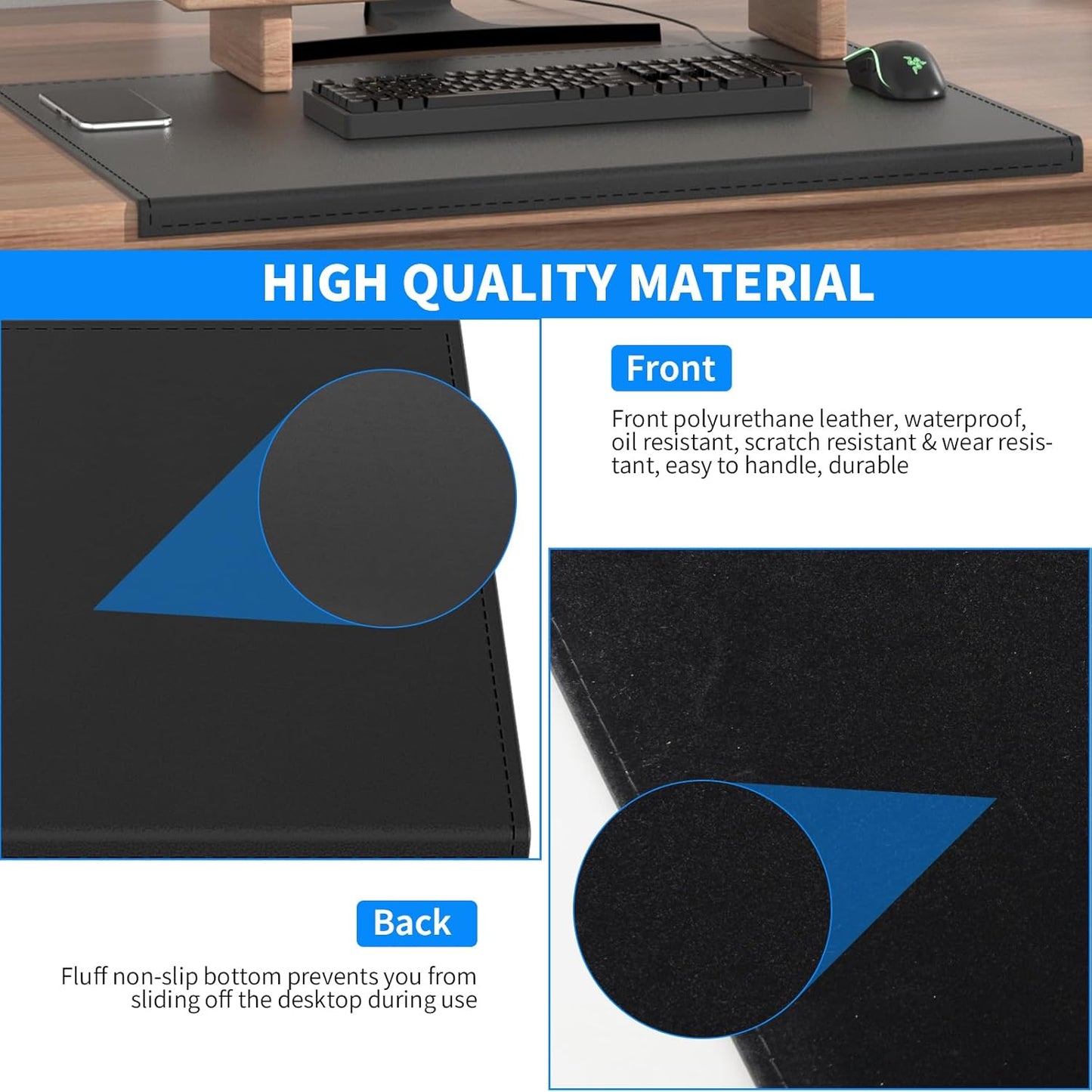 AKOZLIN 31.5"x15.8" Soft PU Leather Surface Office Desk Mouse Mat Pad with Full Grip Fixation Lip Table Blotter Edge-Locked Protector