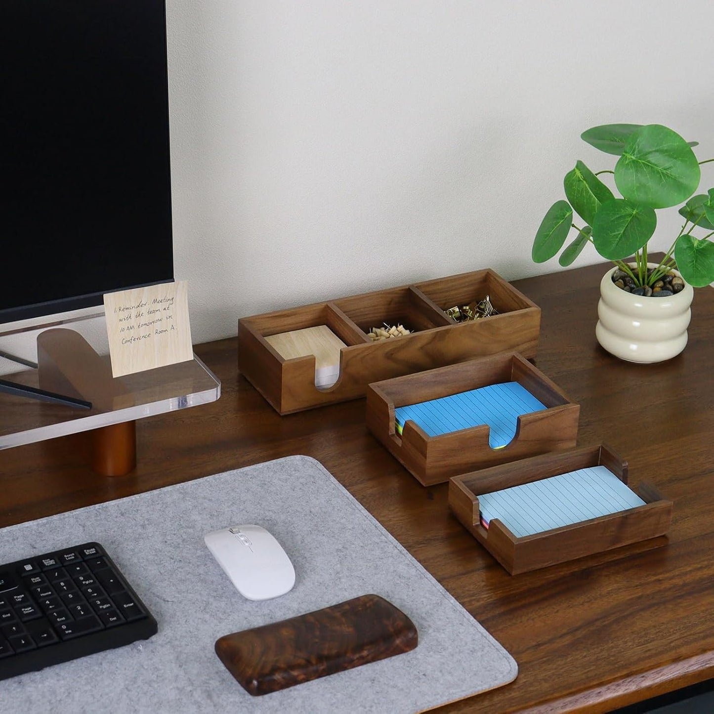 Buqoo 3 in1 Walnut Wooden Sticky Note Holder, 12" x 4.3" x 2.4" Self Stick Note Pads Holder Memo Pad Dispenser for School N Home Office Supplies
