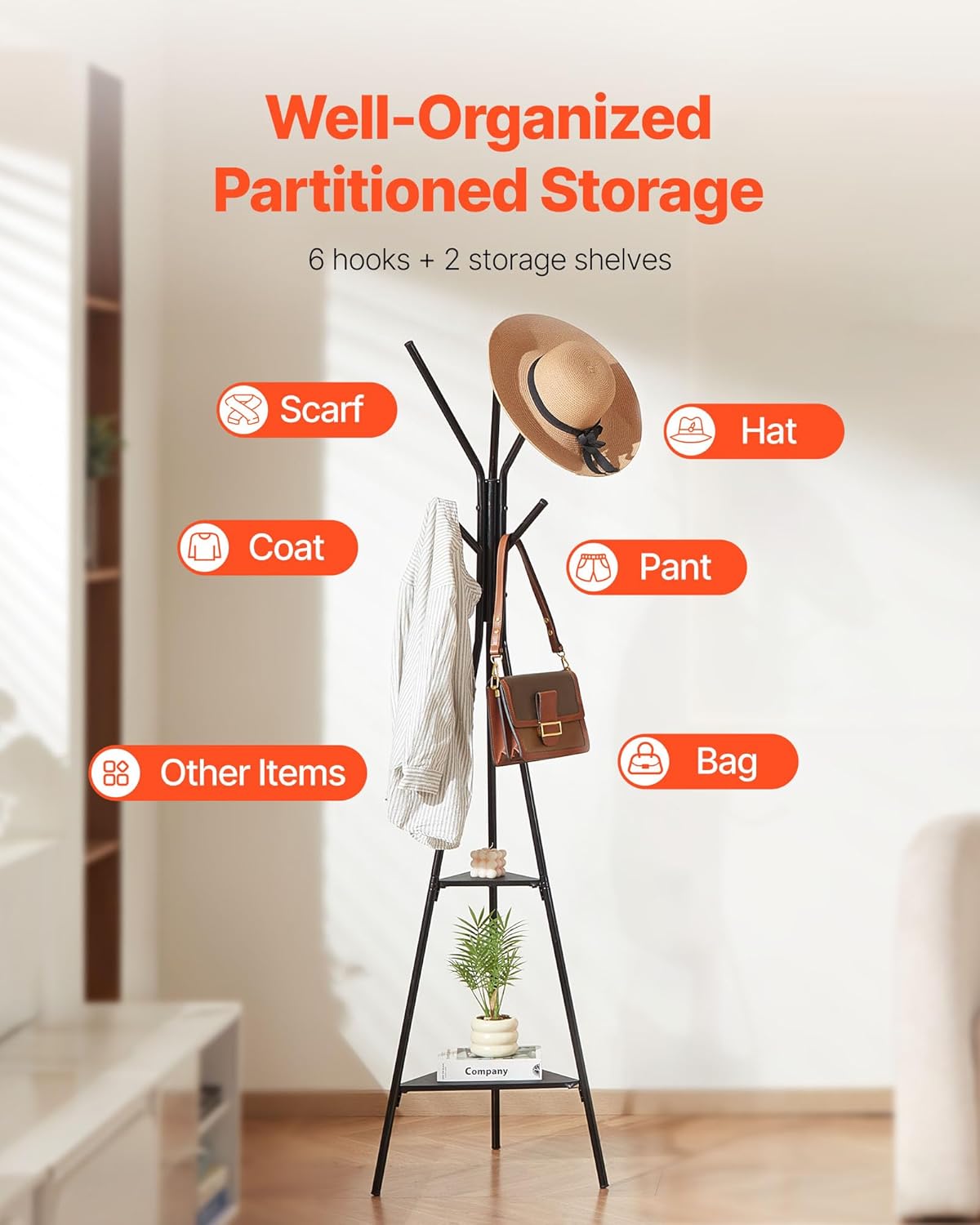 VEVOR Coat Rack, Freestanding Coats Rack Stand with 2 Shelves & 6 Hooks, Free Standing Hall Coat Tree for Entryway, Bedroom, Living Room, Modern Clothes Hanger Stand for Coats, Hats, Scarves, Handbags