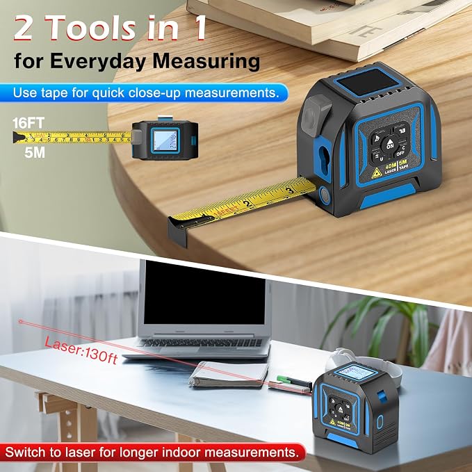 2-in-1 Laser Tape Measure, 130 Ft Laser Distance Meter and 16 Ft Self-Locking - Image 2