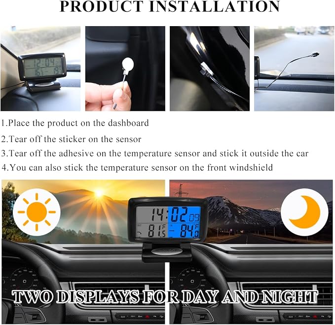 Car Digital Thermometer Clock, 2 in 1 Easy to Read Car Indoor Outdoor - Image 3
