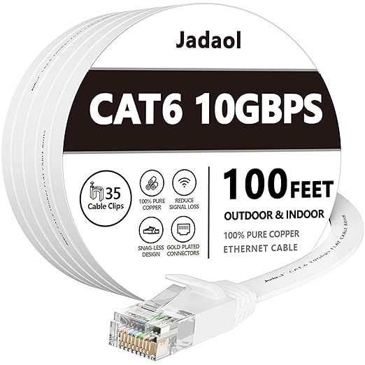 Jadaol Cat 6 Ethernet Cable 100ft, 10Gbps Support Cat8 Cat7 Network, Flat RJ45 by Jadaol