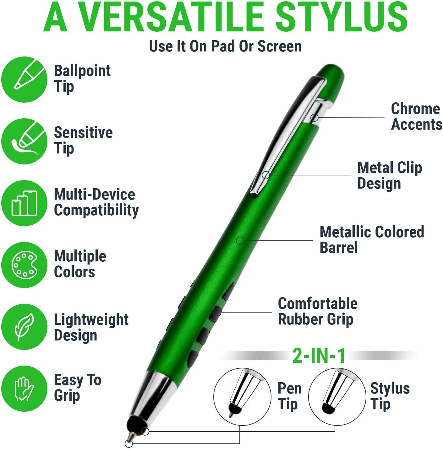 Stylus Pen for Touch Screens & Writing Pens, with Sensitive Stylus Tip - 2 in 1, for Your iPad, iPhone, Kindle, Nook, Samsung Galaxy, Tablets & Phones - Assorted Barrel Colors, Black Ink, 14 Pack
