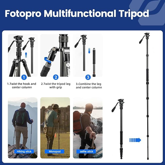 Fotopro 59" Carbon Fiber Travel Tripod - Image 4