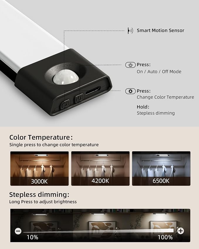 EZVALO Under Cabinet Lighting, Wireless Closet Lights, 50 LED Rechargeable - Image 3
