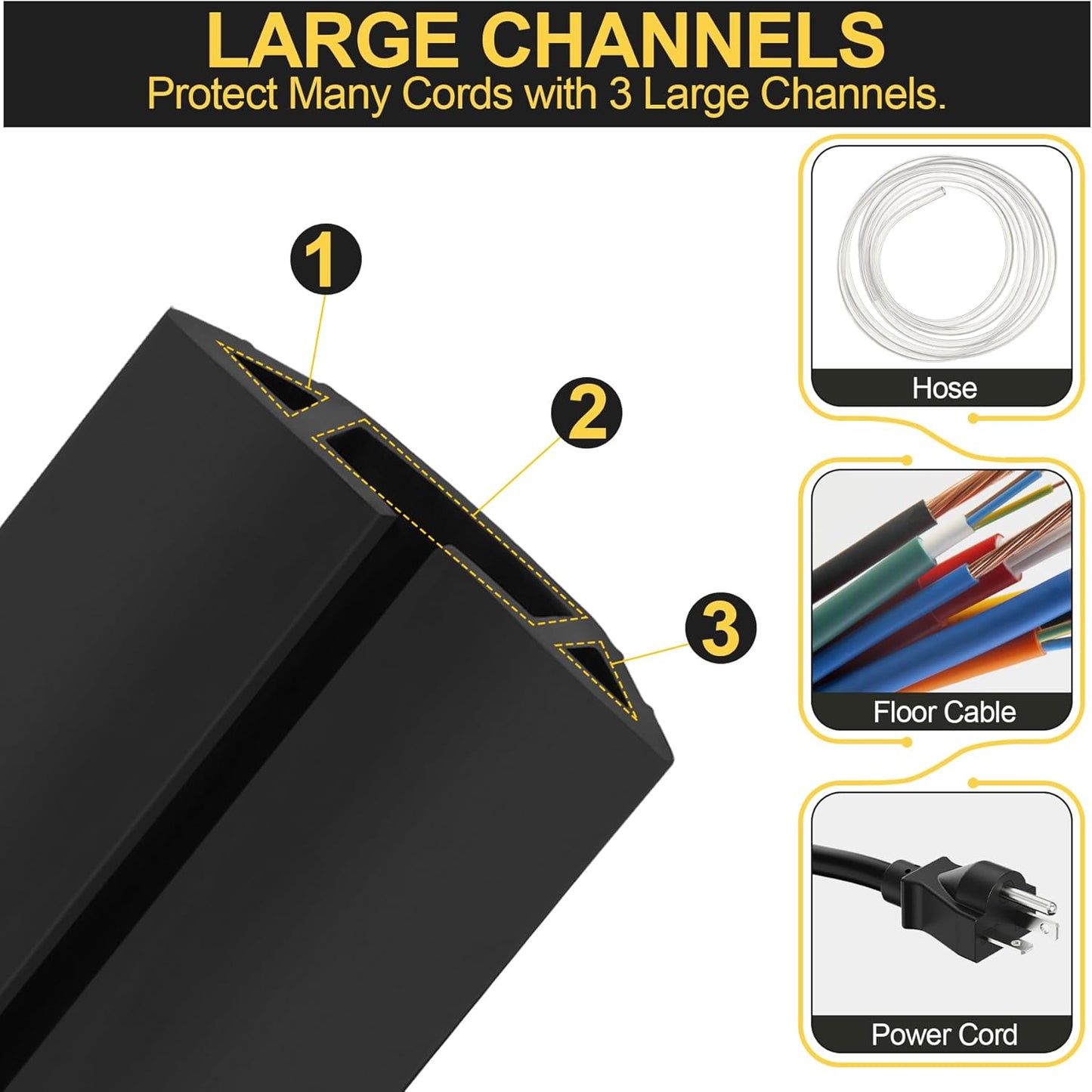 MYFAMIREA 4FT Floor Cord Cover Heavy Duty Cable Cover Protector with 3 Channels Extension PVC Floor Wire Cover Outdoor Cord Hider Management Cord Cover for Wire on Floor for Home Office Outdoor, Black