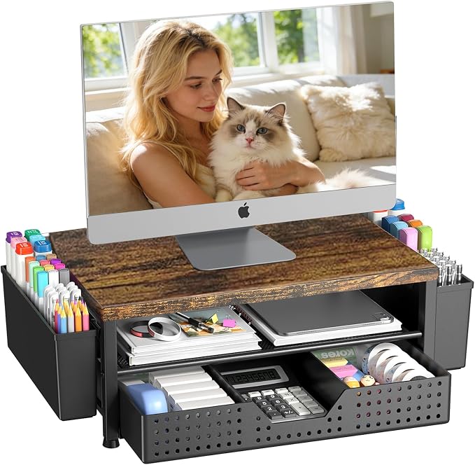 OPNICE Wood Desk Organizers and Accessories, 2-Tier Computer Monitor Stand Riser by OPNICE