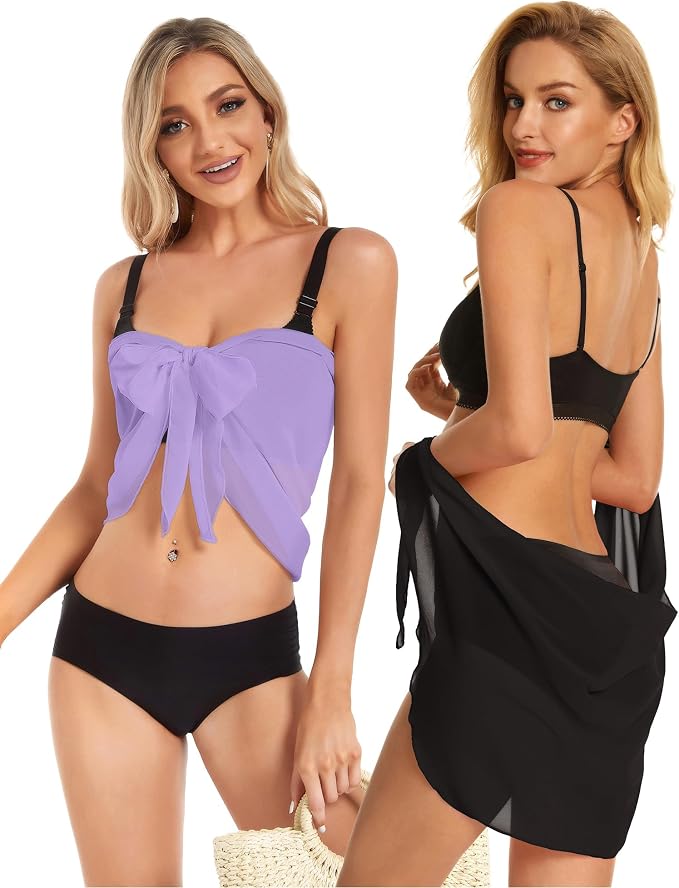 CHICGAL 2 Pieces Women Beach Sarong Bathing Suit Wrap Skirt Sheer Bikini - Image 2