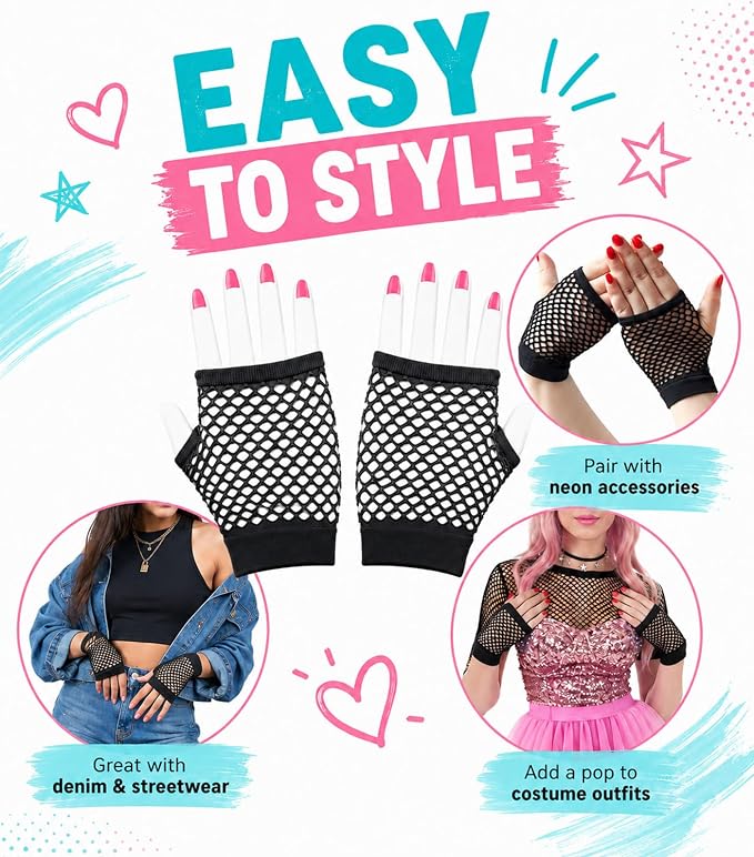 Seeksmile Women's Girls 80's Theme Party Emo Fingerless Arm Fishnet Gloves - Image 6