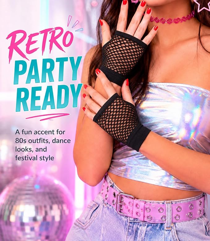 Seeksmile Women's Girls 80's Theme Party Emo Fingerless Arm Fishnet Gloves - Image 4