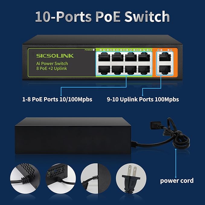 8 Port PoE+ Switch 120W 30W/Port, 2 Uplink Ports, 250M Transmission, AI Smart - Image 3