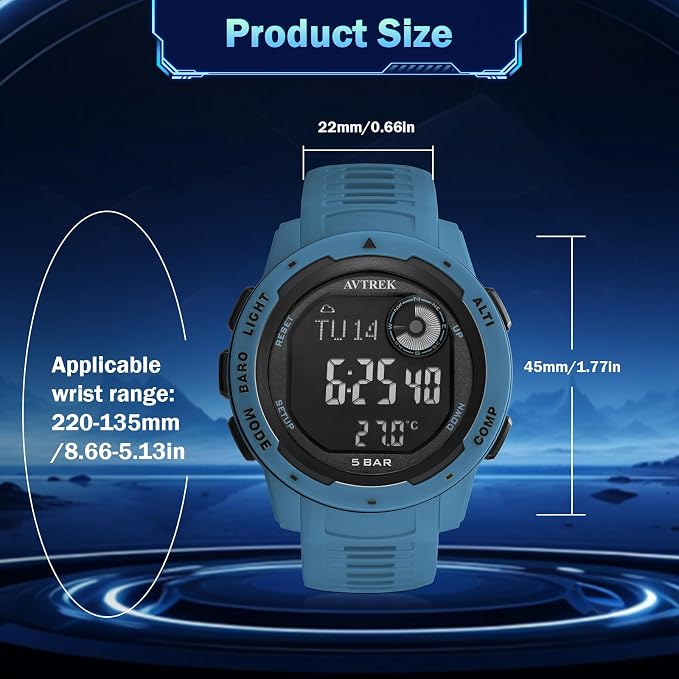 AVTREK Tactical Watch with Compass, 50M Waterproof Digital Pedometer, Altimeter - Image 2