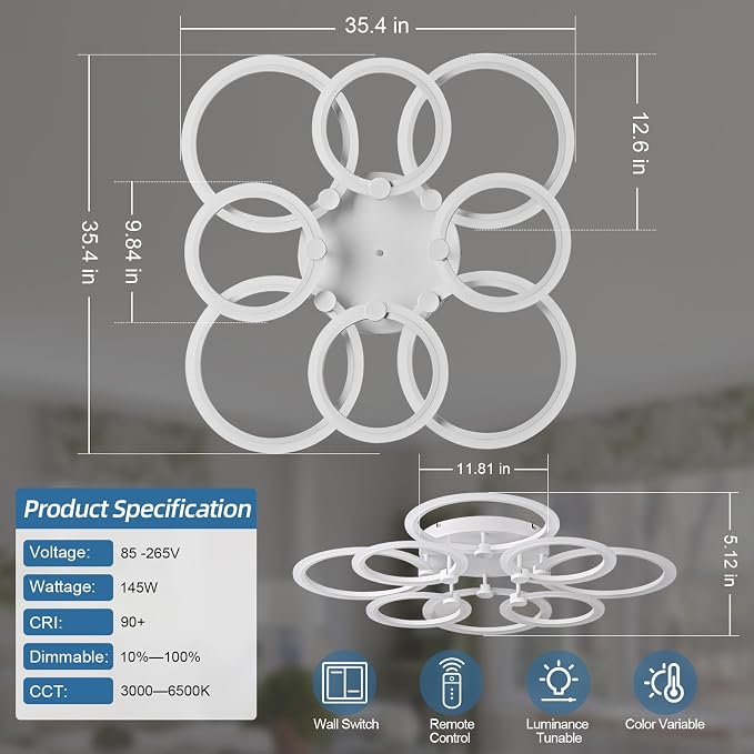 LED Ceiling Light, 8-Ring Modern Flush Mount Fixture, 145W Dimmable 3000K–6500K - Image 4