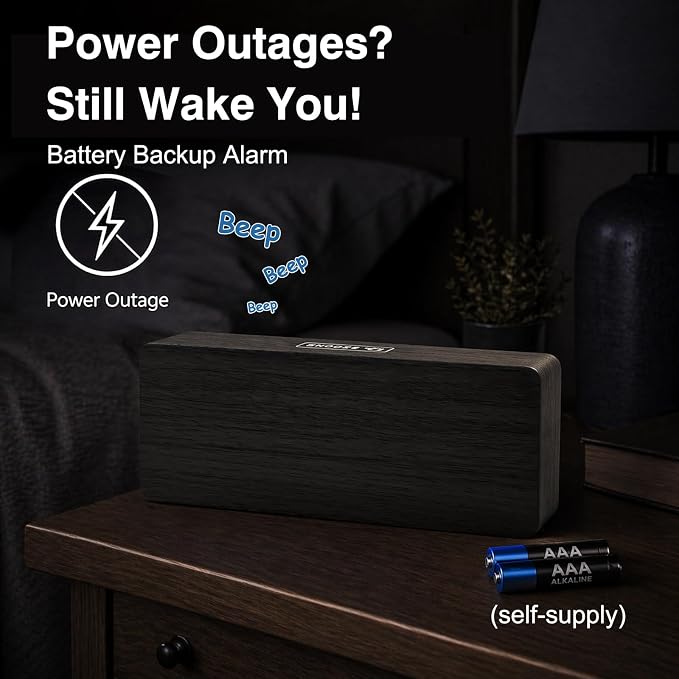 Peakeep Wooden Digital Alarm Clock Large Display, Textured Decoration - Image 3