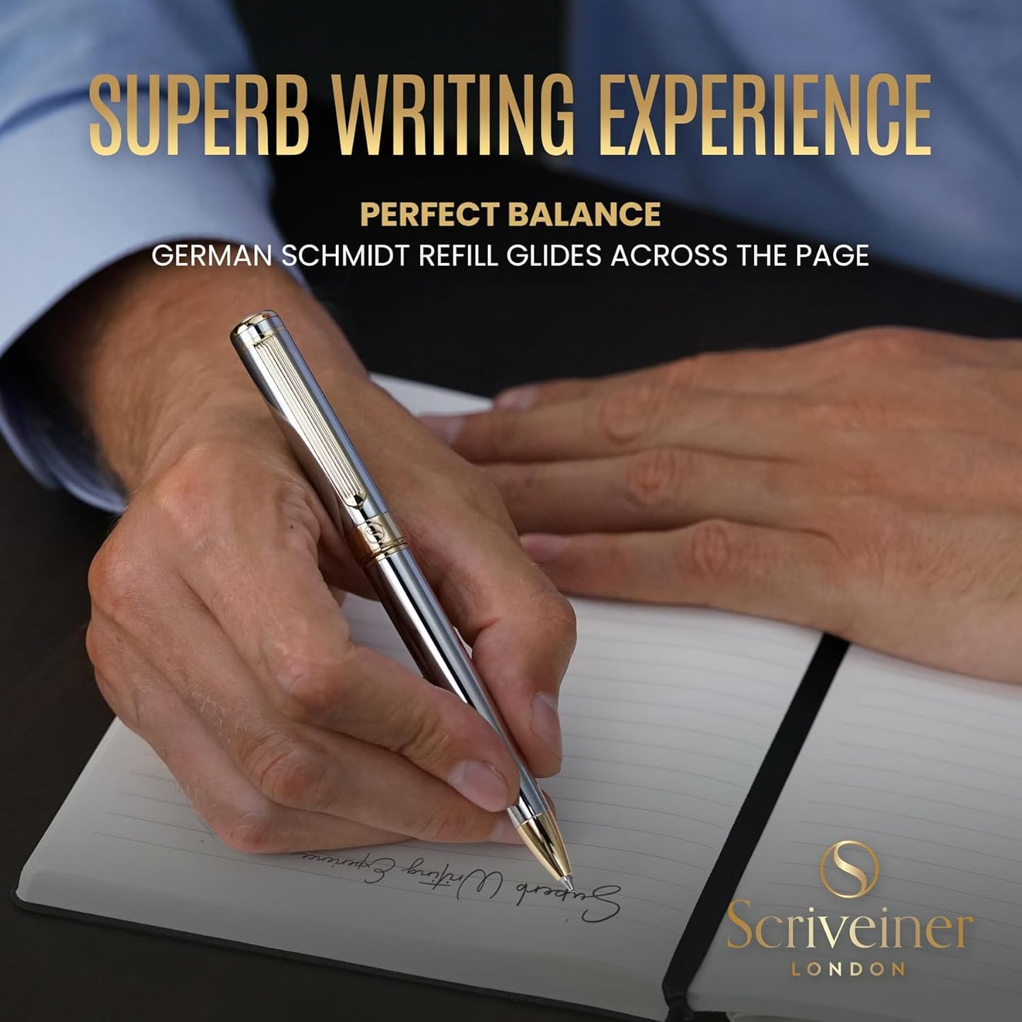 Scriveiner Silver Chrome Ballpoint Pen - Stunning Luxury Pen with 24K Gold Finish, Schmidt Black Refill, Best Ball Pen Gift Set for Men & Women, Professional, Executive, Office, Nice, Fancy Pens