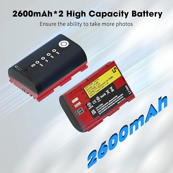 LP LP-E6, LP-E6N Battery 2-Pack 2600mAh USB-C Charging, LED Display Replacement - Image 4