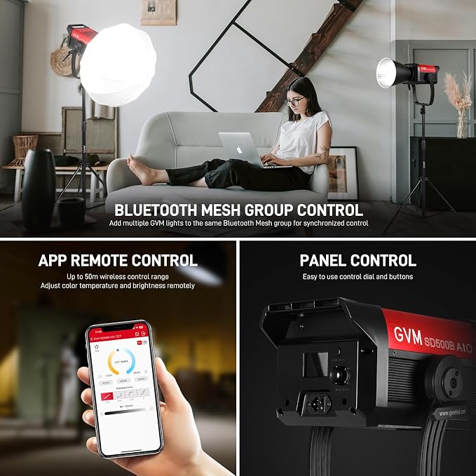 GVM 500W COB LED Video Light, APP Control, Bi-Color Continuous Output Lighting - Image 4