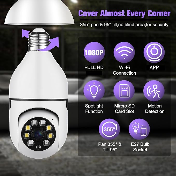 Security Camera Indoor Wireless WiFi Outdoor Home E27 360 Degree Panoramic Home - Image 2