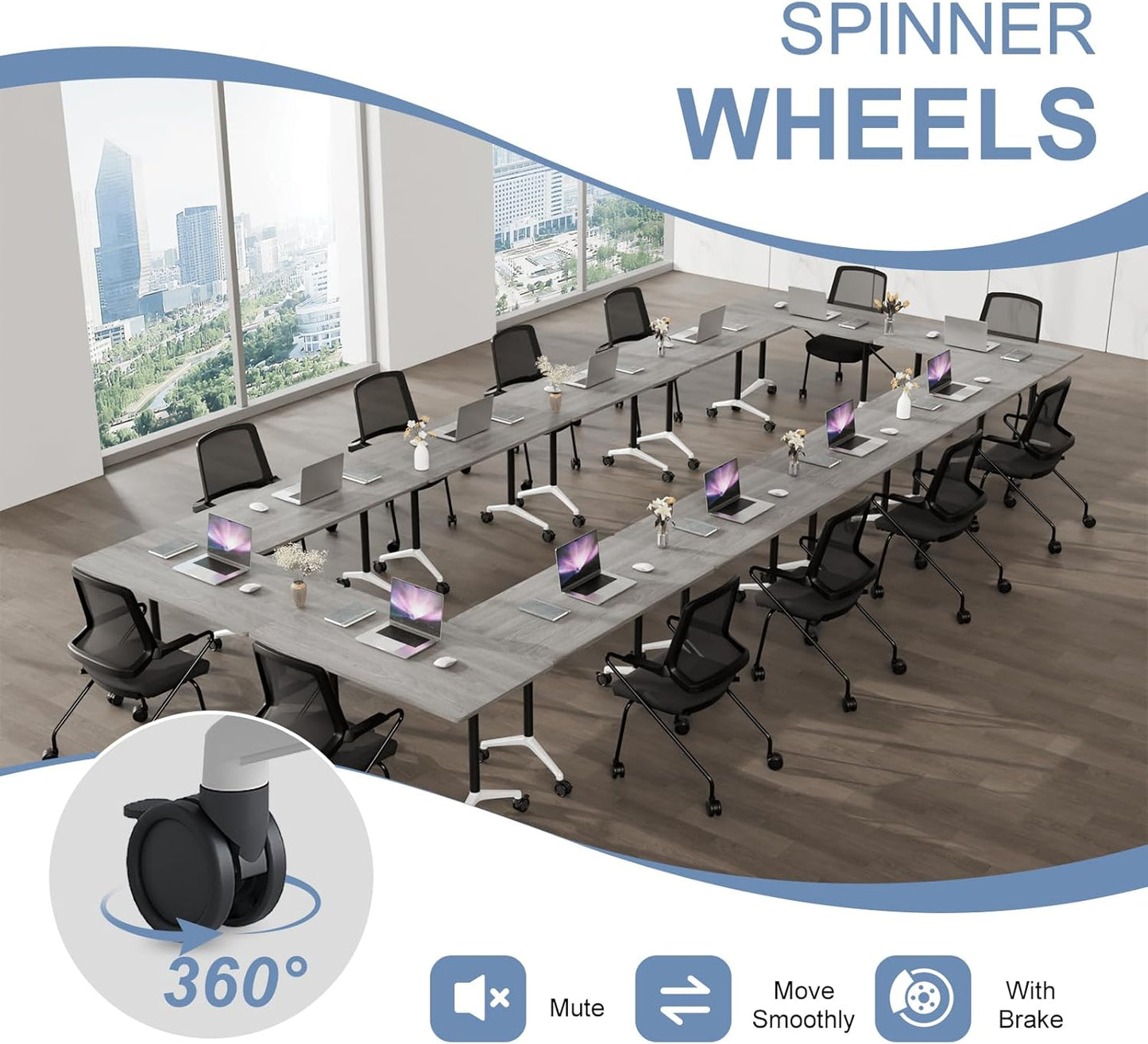 Folding Conference Table, Mobile Training Table for Office Conference, Modern Modular Rectangular Work Desk Meeting Seminar Work Tables with Caster Wheels, Large Breakroom Tables (4Pack L47.2in)