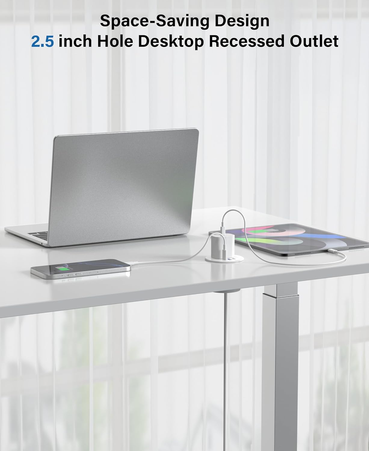 2.5 inch Power Grommet,20W USB-C Charging,1 Outlet with 2 USB C,1 USB Port,Furniture Flush Mount for Desktop,Recessed Power Strip,Workspace Essential Desk Outlet (White, 10 FT)
