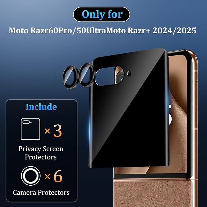3+3 Pack for Motorola Razr+ 2024/2025 Front Privacy Screen Protector + Camera - Image 2