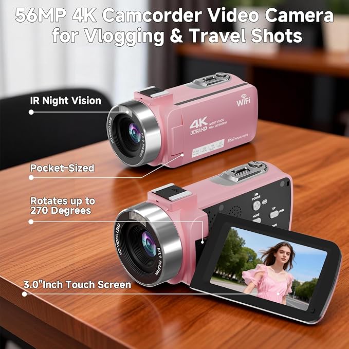 Video Camera, 4K Camcorder 56MP Digital Video Recorder 18X Zoom 3" 270° - Image 9