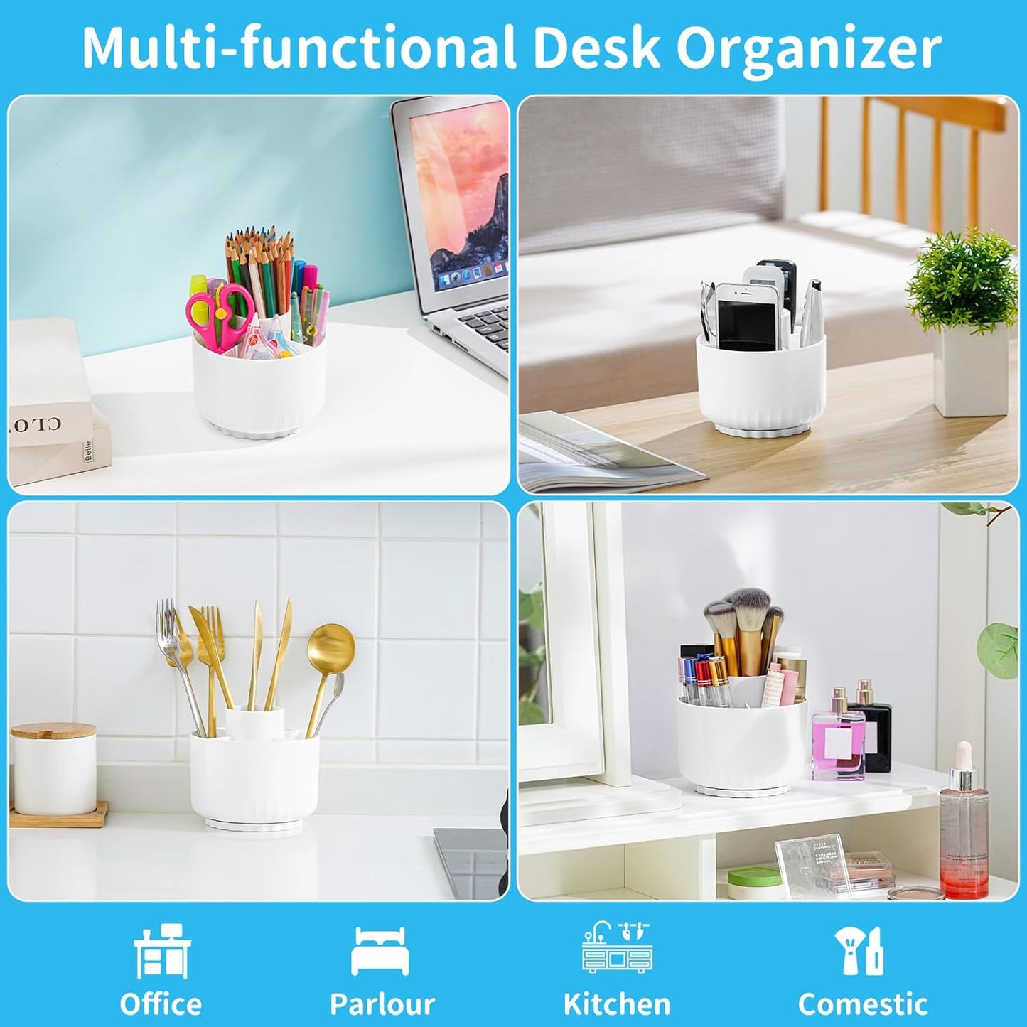 Marbrasse Desk Organizer, 360-Degree Rotating Pen Pencil Holder, Desk Organizers and Accessories with 5 Compartments Pencil Organizer, Art Supply Storage Box Caddy for Office, Home(White)