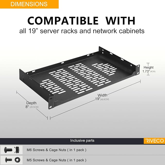 RIVECO 2 PCS 8” Rack Shelves for 19 inches Network Rack & Cabinets, 1U Rack - Image 5