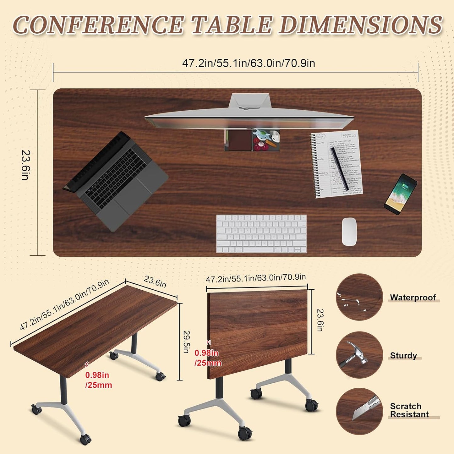 Folding Conference Room Table, Modern Conference Tables with Wheels, Large Rectangular Mobile Training Tables for Office Classroom, Foldable Modular Boardroom Seminar Table (8pack L70.9in)