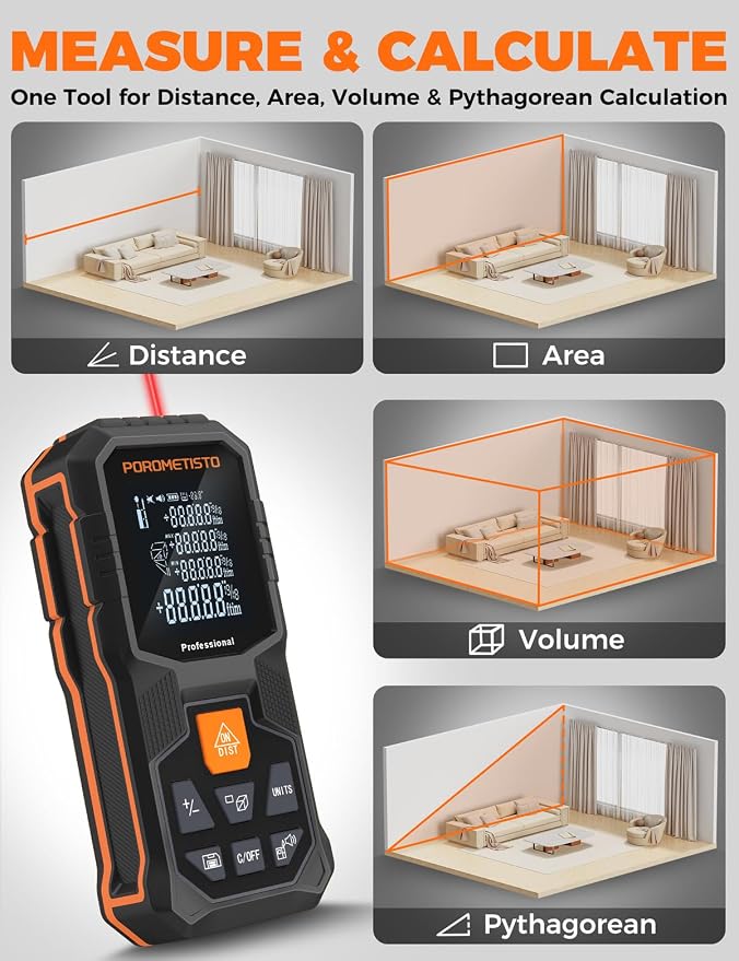 Laser Distance Meter POROMETISTO 262ft/80m, Digital Angle Finder, 12 Modes - Image 3