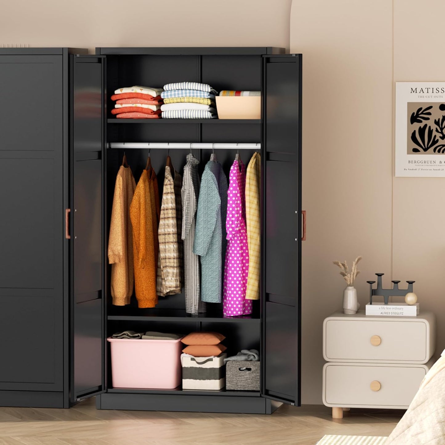 Greenvelly Metal Wardrobe Cabinet with Wooden Handle, 72" Black Metal Wardrobe Closet with Hanging Rods and Adjustable Shelves, Clothing Storage Closet Cabinet for Home, Office, Employee, Gym