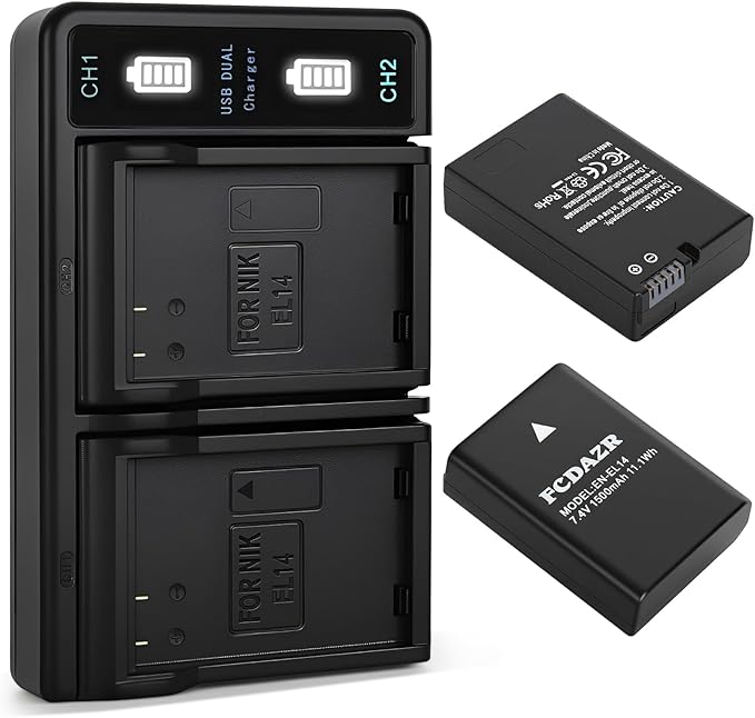 EN-EL14 EN-EL14a Battery and Dual LED Charger Compatible by FCDAZR