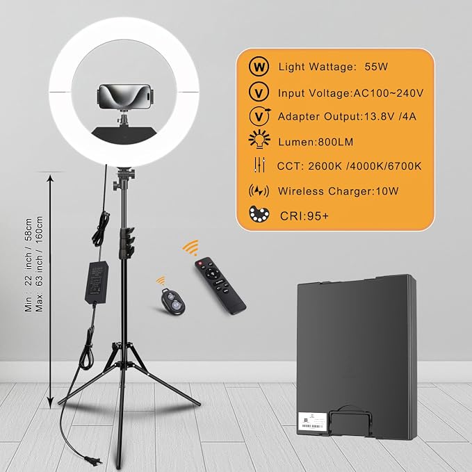 Ring Light 18 INCH Kit, 55W6700k Dimmable LED Light, Tripod Stand, Remote - Image 3